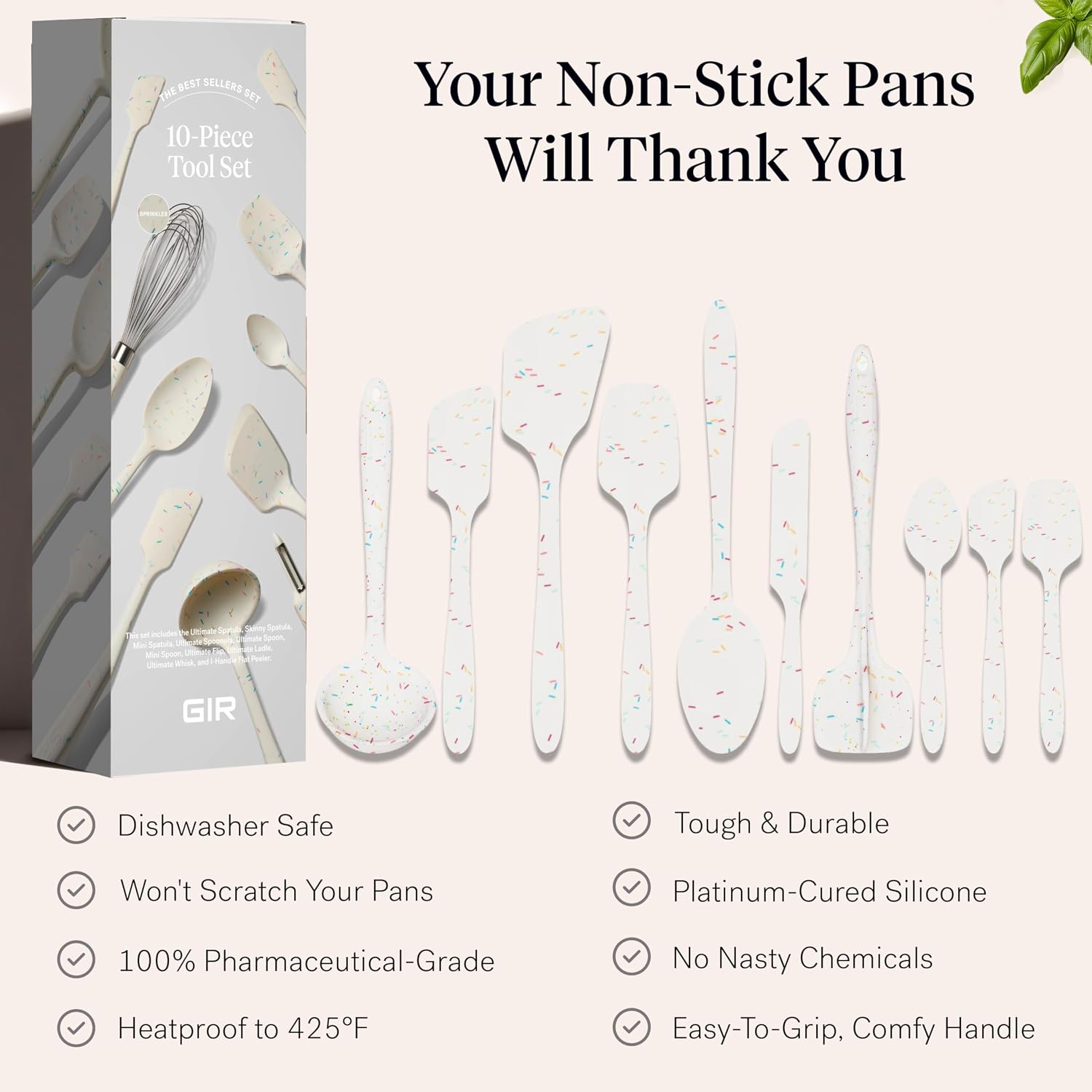 GIR: Get It Right 10-Piece Silicone Ultimate Kitchen Utensil Set – Spatulas, Ladle, Flip, Spoons, Whisk, Peeler & Spoonula – Nonstick, Non-Toxic, Heat-Resistant – Sprinkles