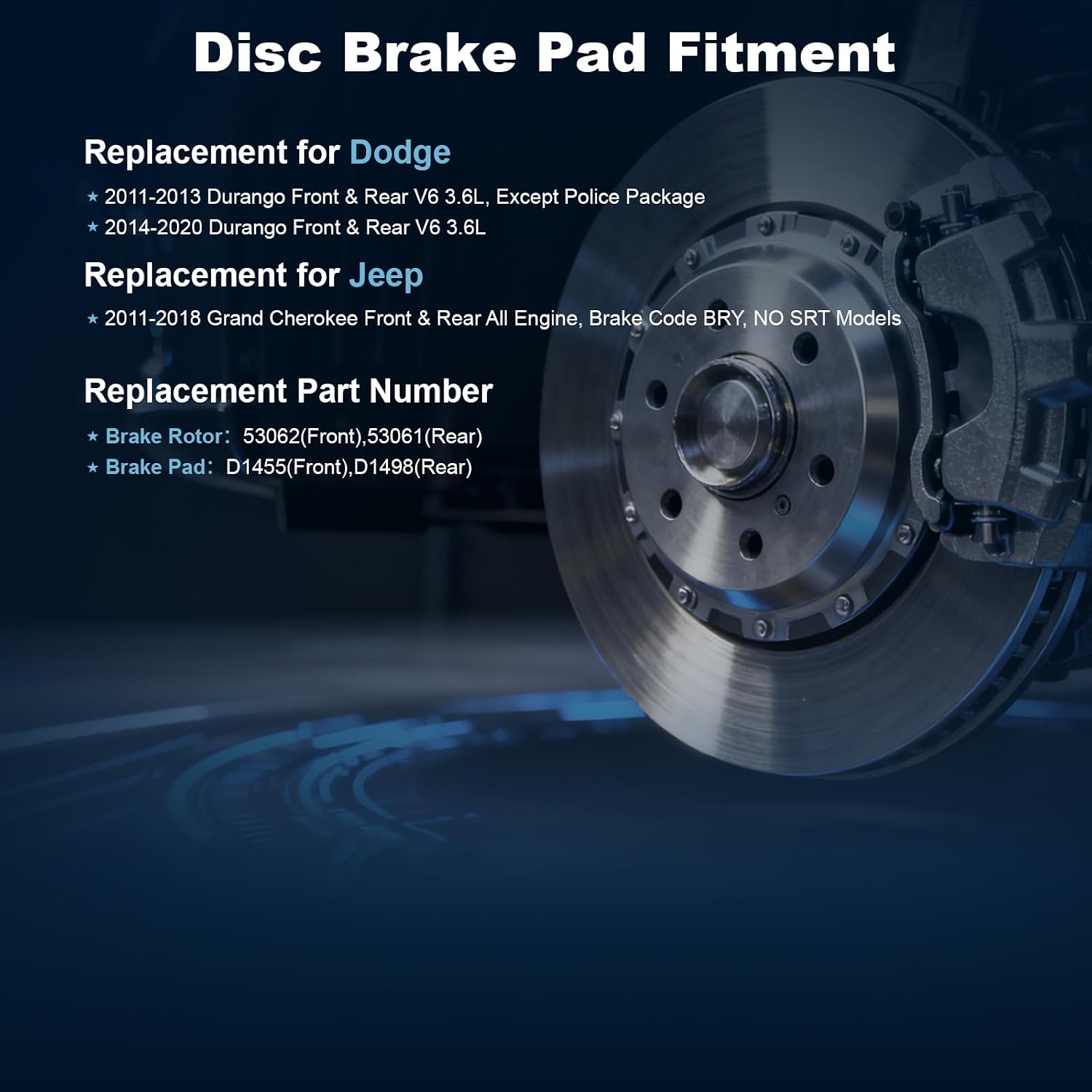 Front & Rear Drilled and Slotted Disc Brake Rotors & Ceramic Brake Pads Kit Fit for Dodge 2011-2020 Durango V6 3.6L; for Jeep 2011-2018 Grand Cherokee #53062 D1455 53061 D1498