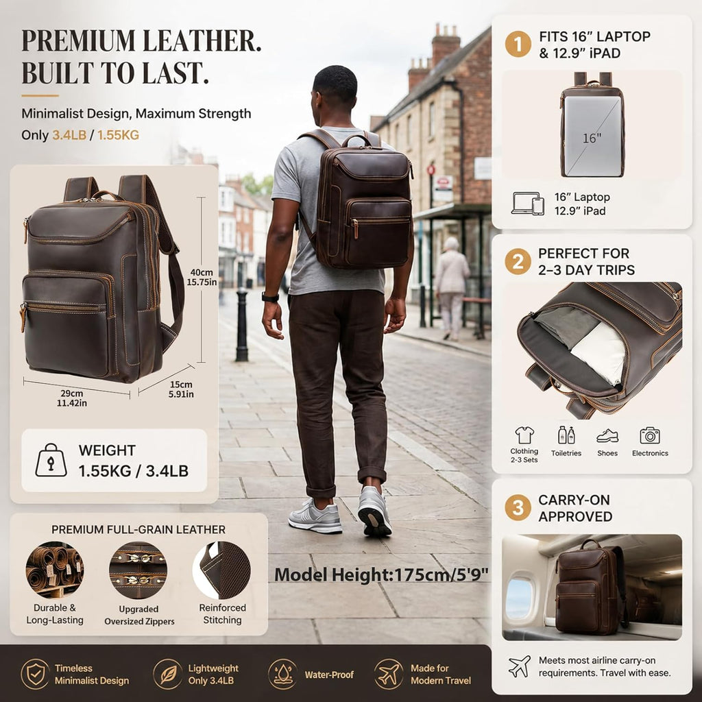 LANNSYNE Vintage Leather Backpack for Men, 16' Laptop Full Grain Leather Travel Backpack with Ergonomic Shoulder Straps, Lightweight Business Daypack Rucksack for Work Commute Hiking Camping