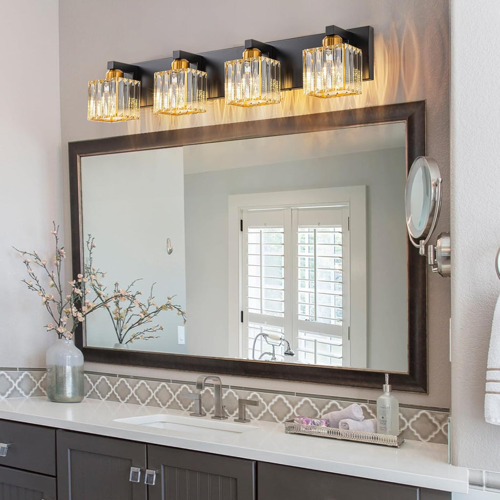 Crystal Black Gold Bathroom Vanity Light, 4-Lights Bathroom Lighting Fixtures Over Mirror Modern Crystal Wall Lighting with Square Shade