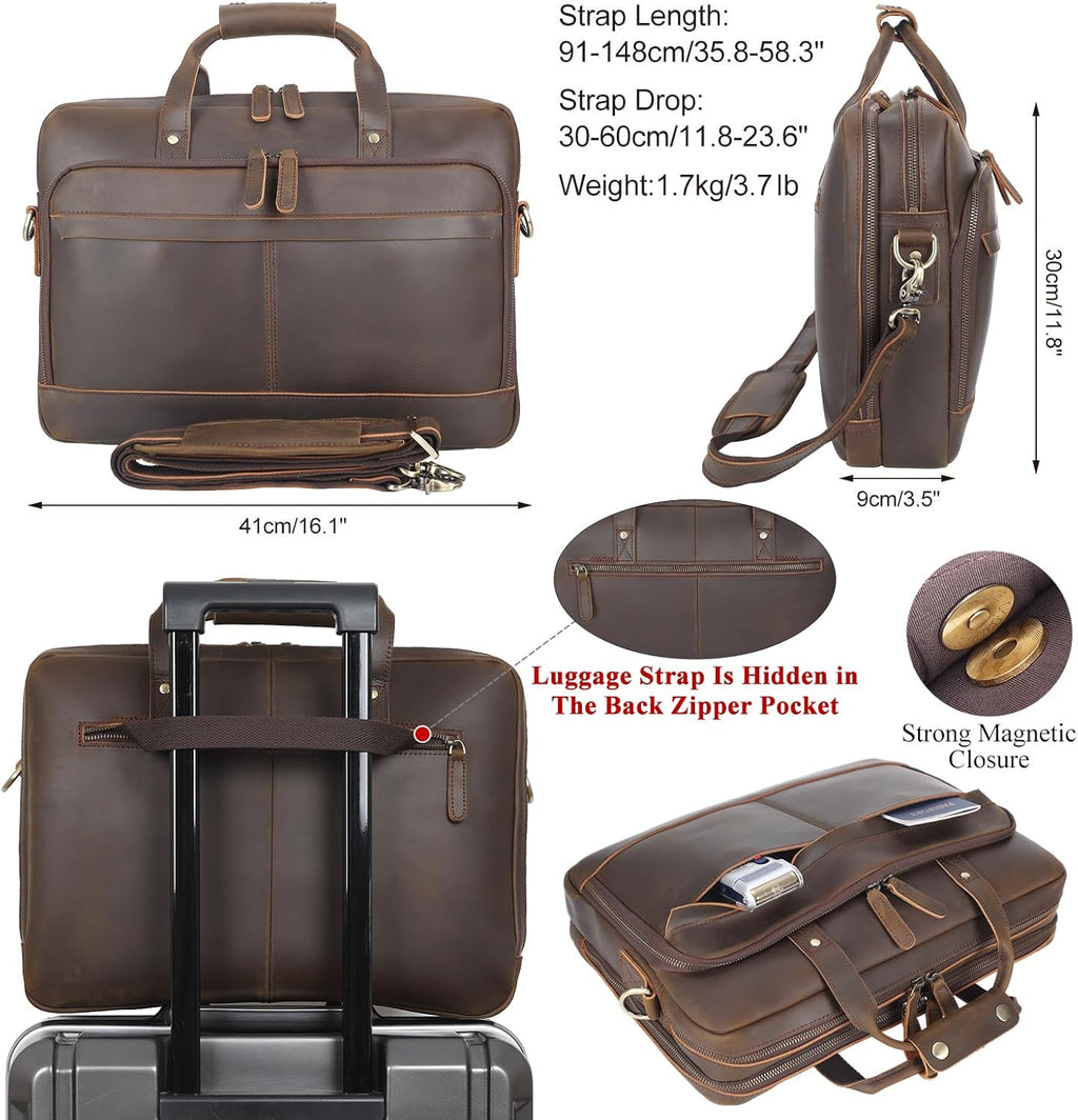 Masa Kawa Leather Briefcase for Men 17/15.6' Laptop Crossbody Shoulder Messenger Bag Business Travel Work Attache Case