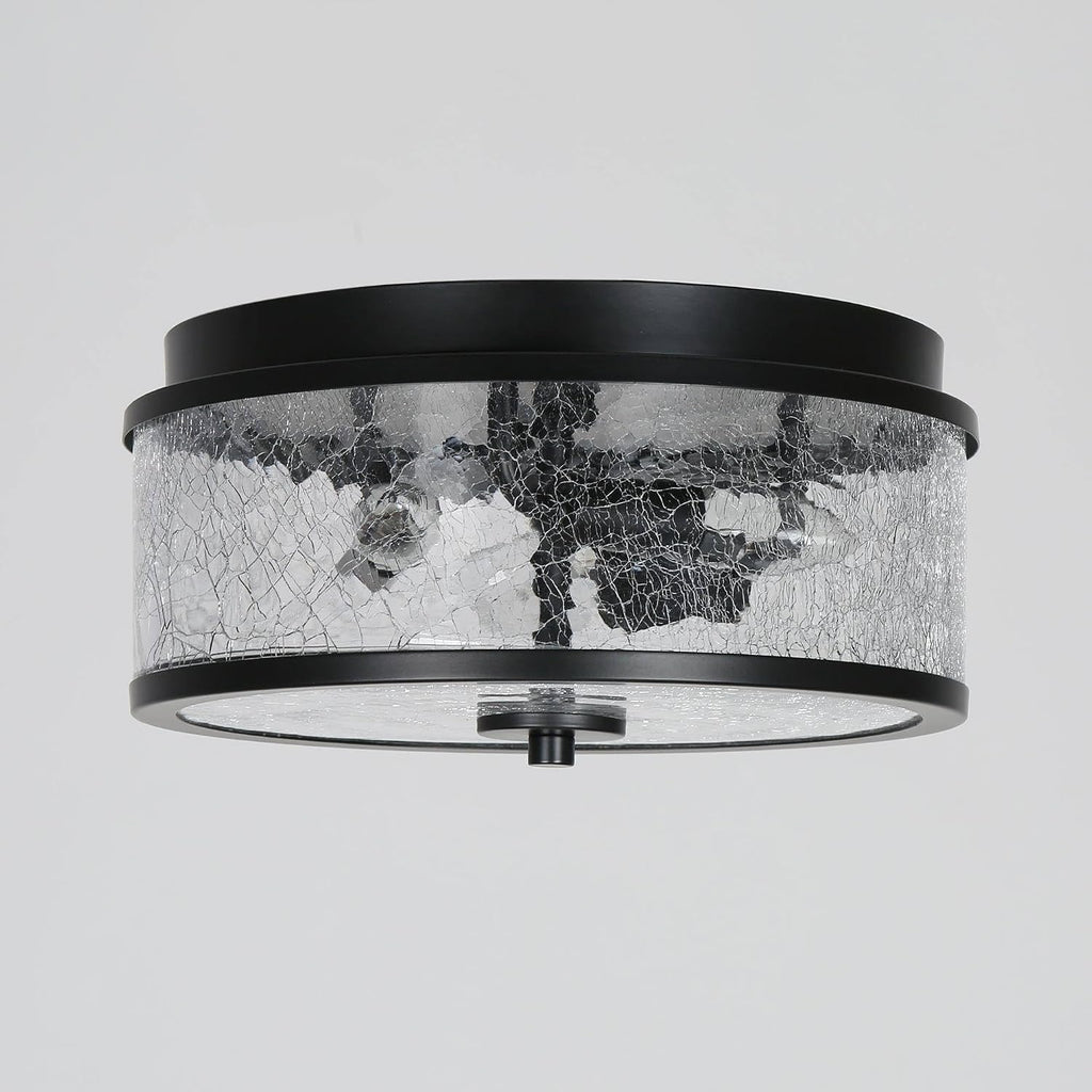 KSANA Black Flush Mount Ceiling Light, Modern Farmhouse 3-Light Close to Ceiling Light Fixtures with Crackled Glass Shade for Bedroom, Hallway, Foyer, Kitchen and Dining Room