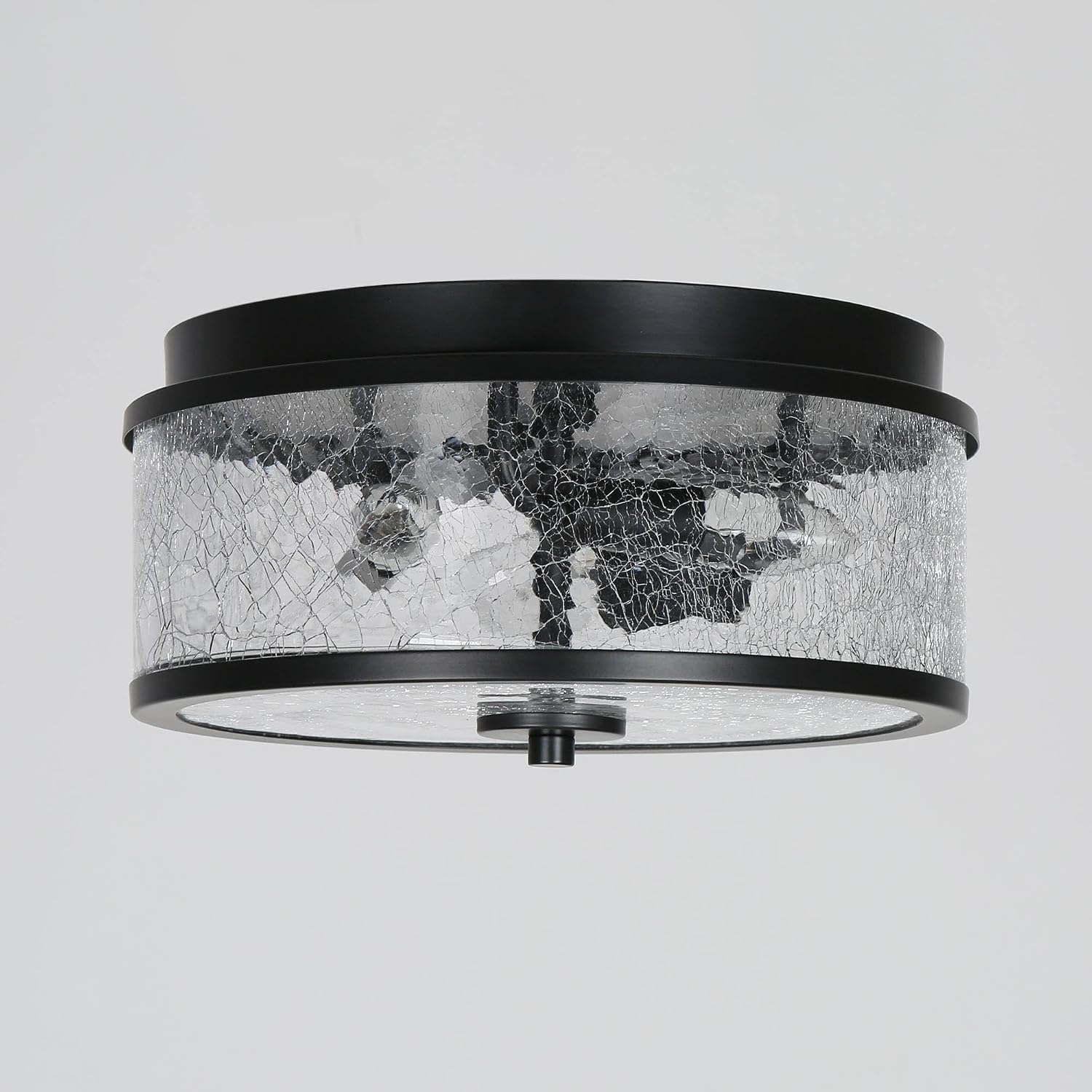 KSANA Black Flush Mount Ceiling Light, Modern Farmhouse 3-Light Close to Ceiling Light Fixtures with Crackled Glass Shade for Bedroom, Hallway, Foyer, Kitchen and Dining Room