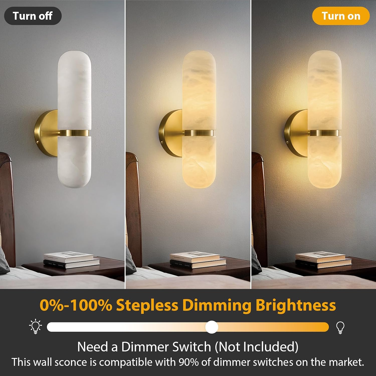 Natural Alabaster Brass Wall Sconce - Modern Luxury Spanish Stone Cylinder Sconces with Bulb - Brushed Gold Indoor Dimmable Lighting Fixture - Vanity Decor Light for Bedroom Bathroom Living Room Stair
