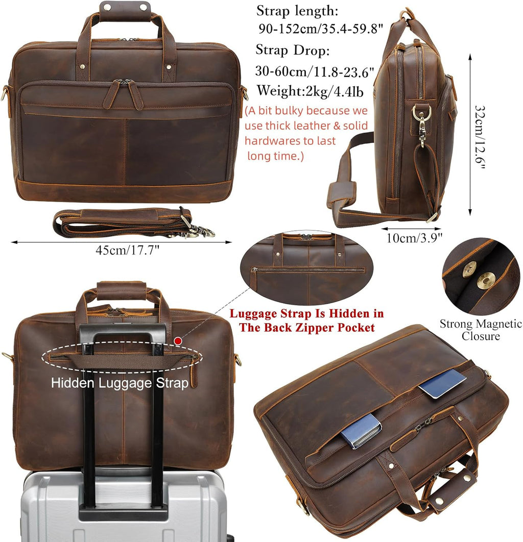 Masa Kawa Leather Briefcase for Men 17/15.6' Laptop Crossbody Shoulder Messenger Bag Business Travel Work Attache Case