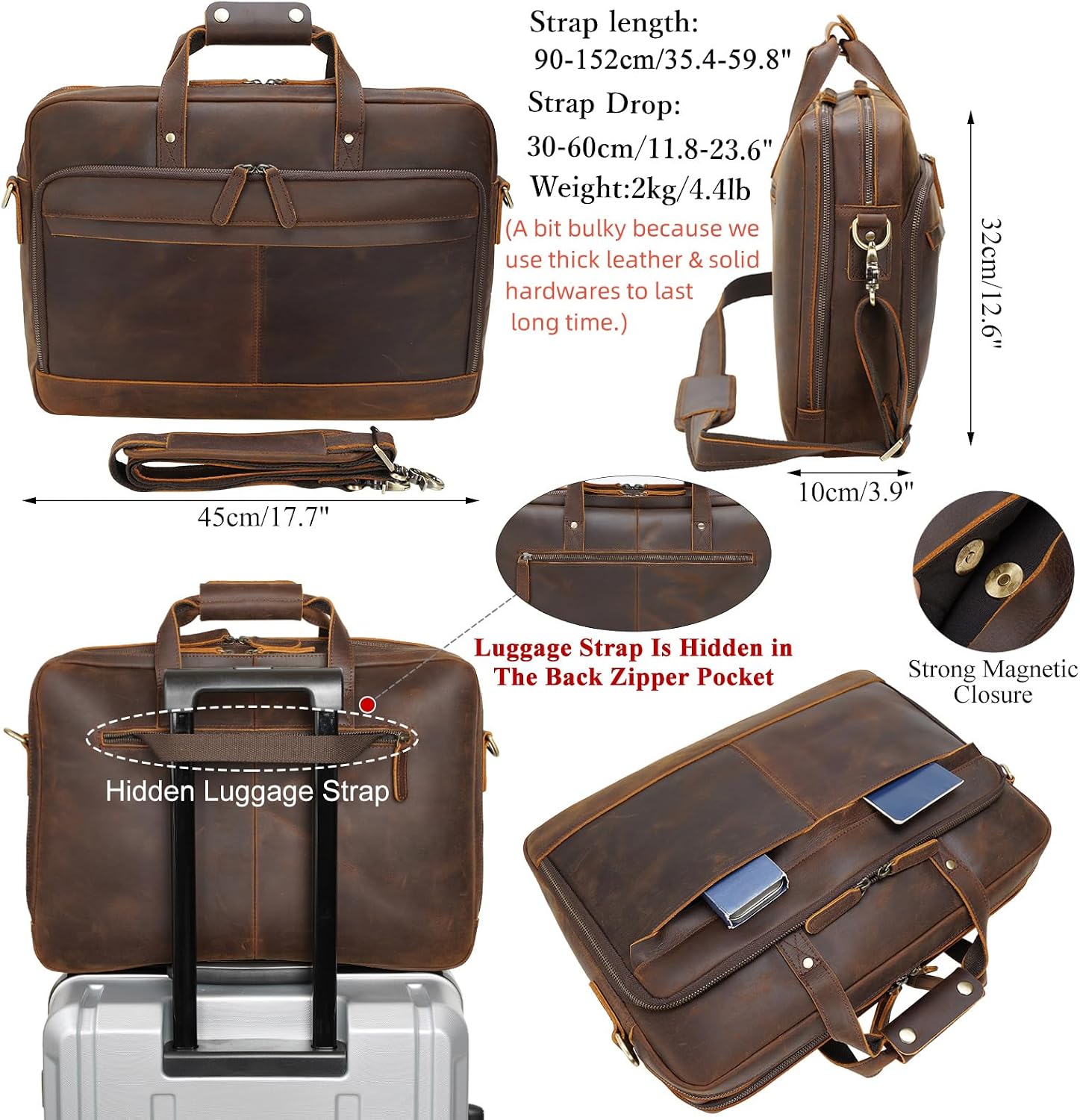 Masa Kawa Leather Briefcase for Men 17/15.6' Laptop Crossbody Shoulder Messenger Bag Business Travel Work Attache Case