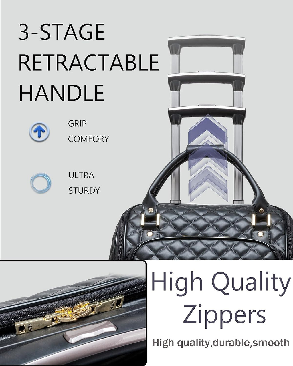 VH&GRED Luxury Carry on Luggage with Wheels Leather Suitcase 16-Inch Lightweight Travel Small Suitcase Diamond Stitching
