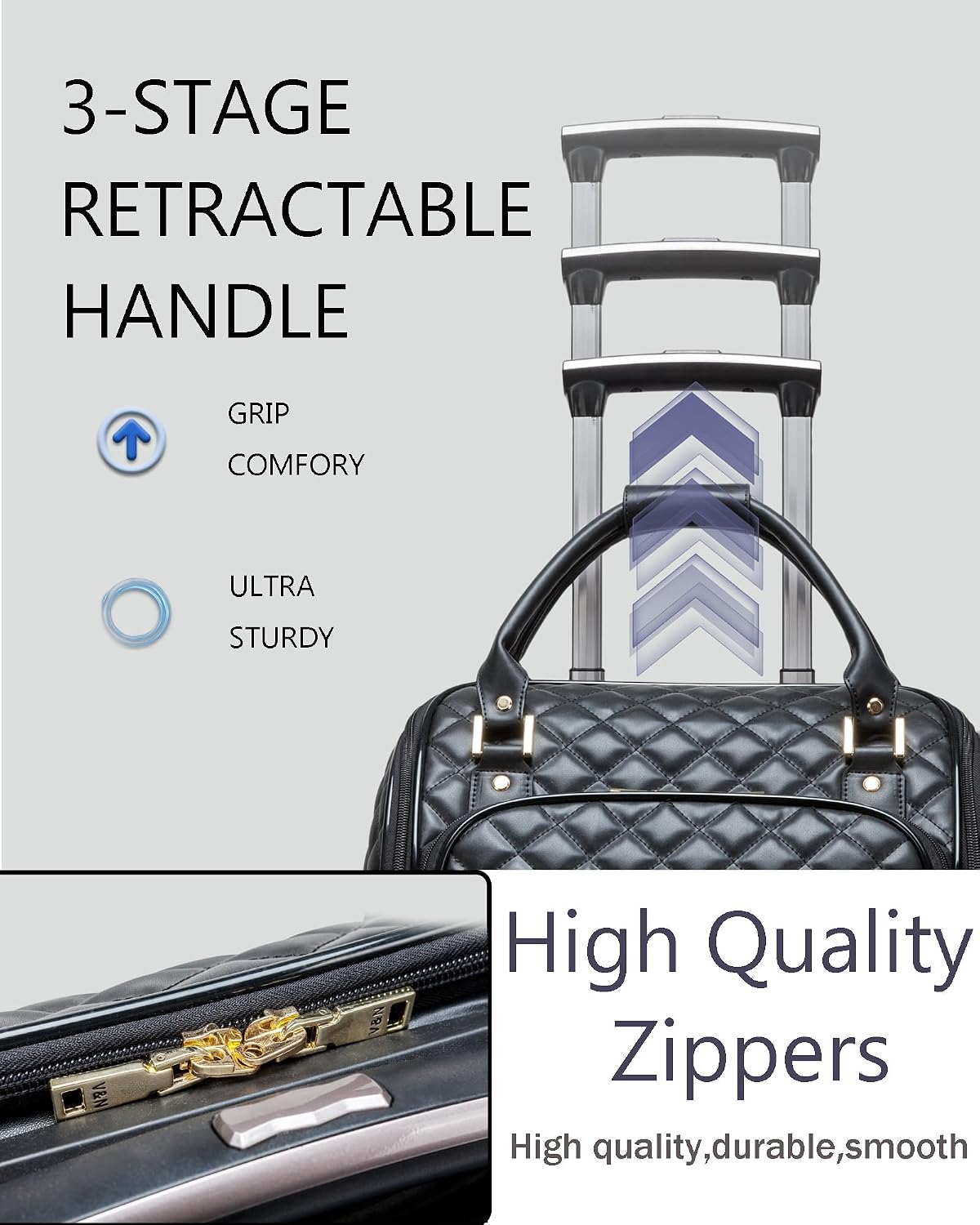 VH&GRED Luxury Carry on Luggage with Wheels Leather Suitcase 16-Inch Lightweight Travel Small Suitcase Diamond Stitching