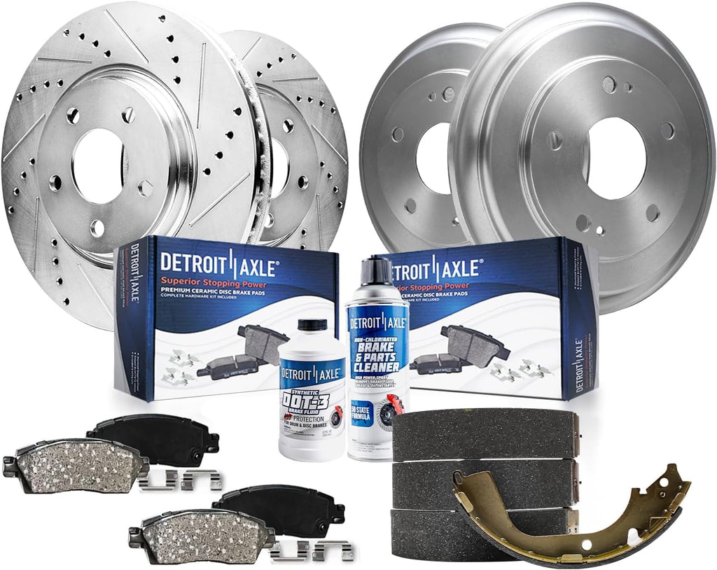 Detroit Axle - Brake Kit for Jeep Patriot Compass Dodge Avenger Chrysler Sebring Front Drilled and Slotted Disc Brake Rotors Ceramic Brakes Pads, Rear Brake Shoes Brake Drums Replacement: 11.57' inch