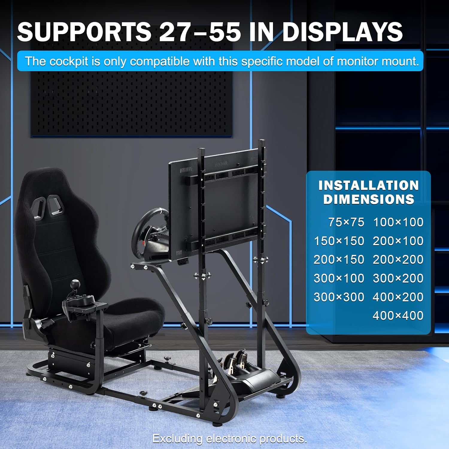 Anman Sim Racing Simulator Cockpit Black Seat with Visualizer Monitor Stand Fit for Logitech G25 G27 G29 G920 G923, for Thrustmaster T300RS TX, for Fanatec,Excluding Electronic Devices