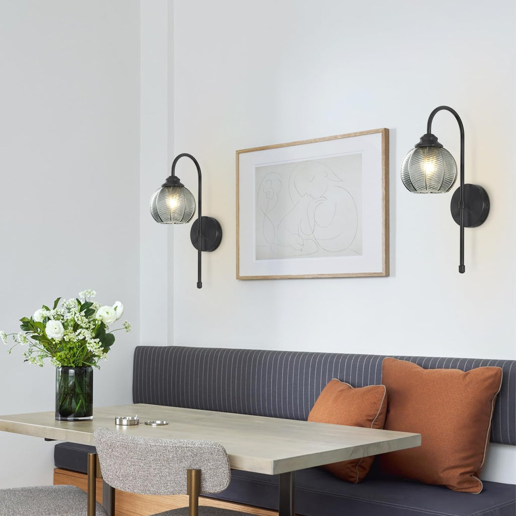 KCO Lighting Modern Glass Globe Wall Sconce Smoke Gray Glass Vanity Light Long Black Wall Sconces Set of Two Industrial Mid Century Wall Sconce Bedroom Wall Lamps Hardwired