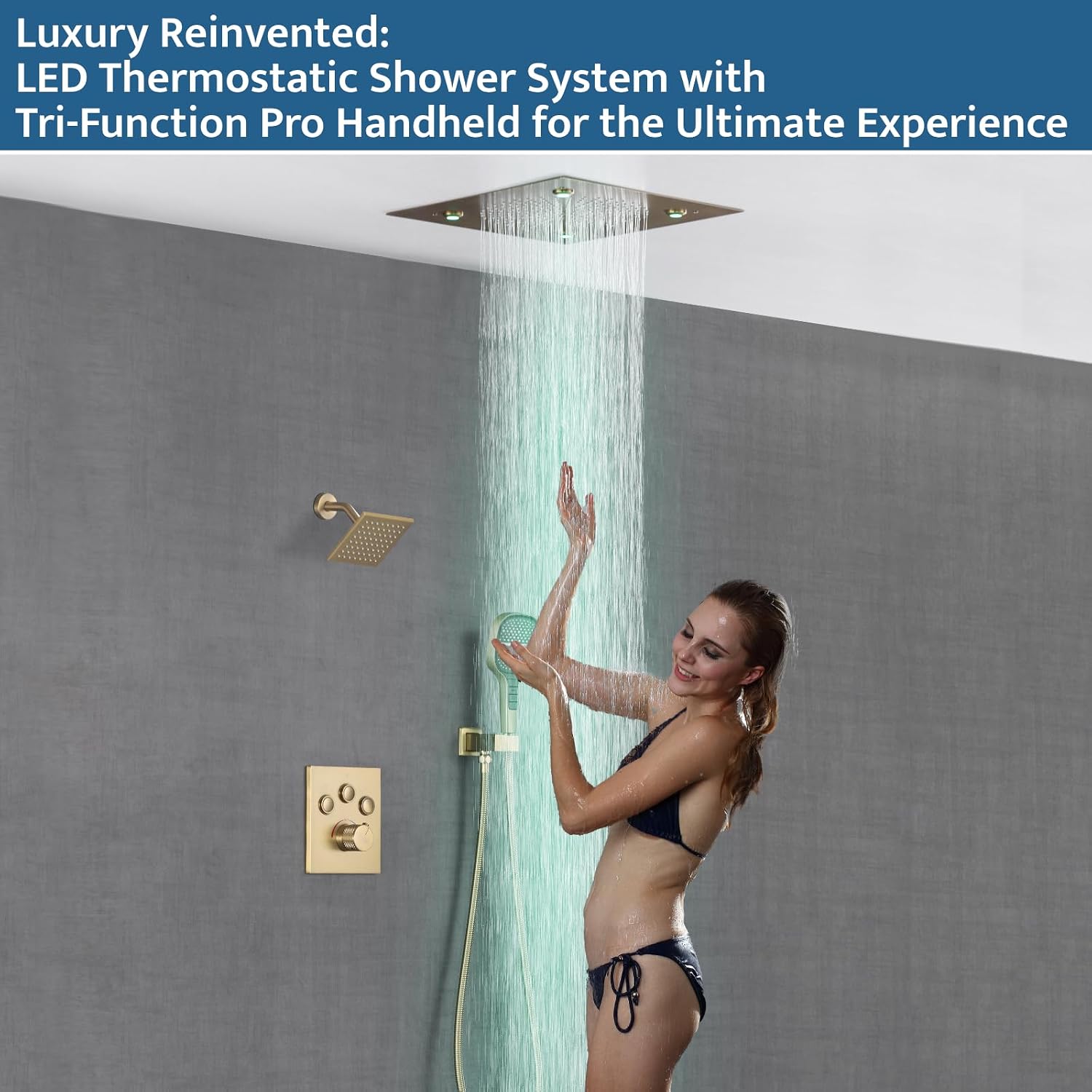 Thermostatic Shower System with Ceiling Mount 16 Inch LED Shower Head Brushed Gold, Push Button Diverter Shower Faucet with 3 in 1 Handheld, 6 Inch Shower Head【All Functions Simultaneous Use】