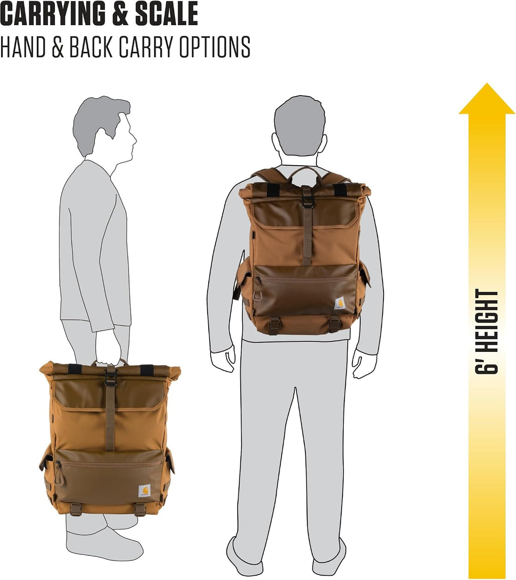 Carhartt 40L Nylon Roll Top Backpack, Heavy-Duty Water-Resistant Material W/ 17' Laptop Sleeve, Black