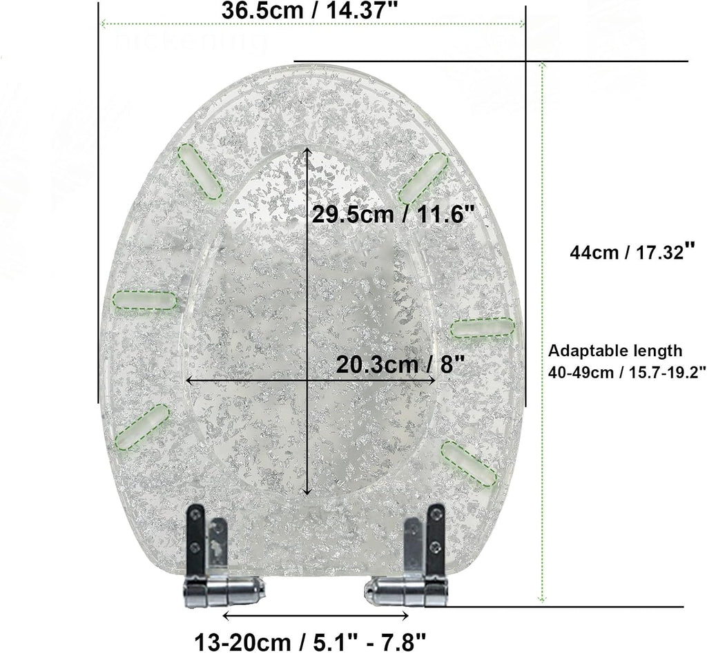 Resin Toilet Seat Elongated Soft Close Toilet Seat Easy Clean & 360° Adjustable Hinges, Quick Release Heavy Duty Toilet Seats with Glitter Cover,Silver(Silver)