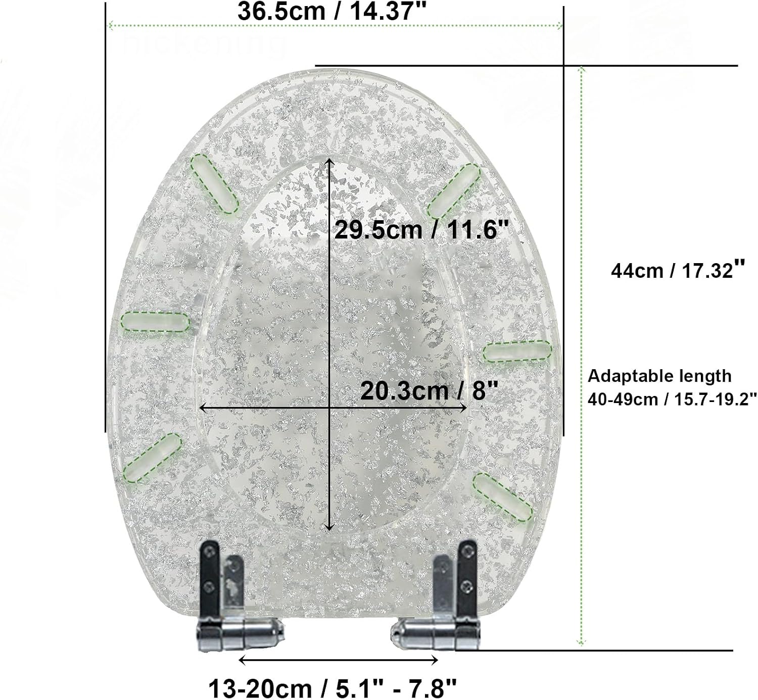 Elongated Soft Close Resin Toilet Seat with Glitter Cover & 360° Adjustable Hinges - Heavy Duty Quick Release (Gold Leaf)