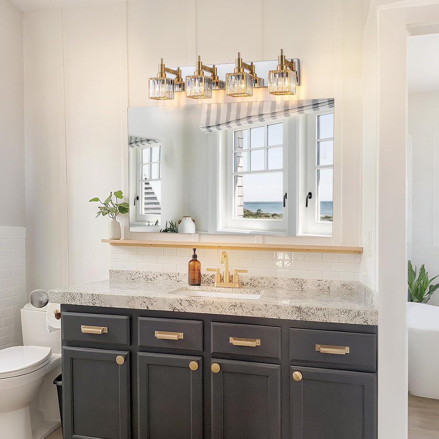 Crystal Bathroom Light Gold Chrome 4-Light Modern Bathroom Vanity Fixtures Over Mirror Square Crystal Wall Sconce