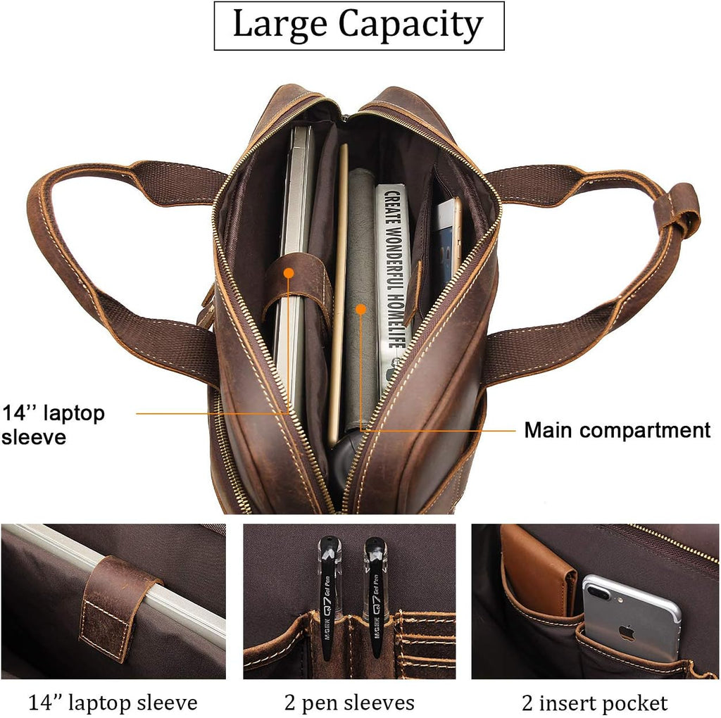 Augus Leather Messenger Bag for Men Vintage Travel Backpack 17 inch laptop Briefcase Shoulder Bags