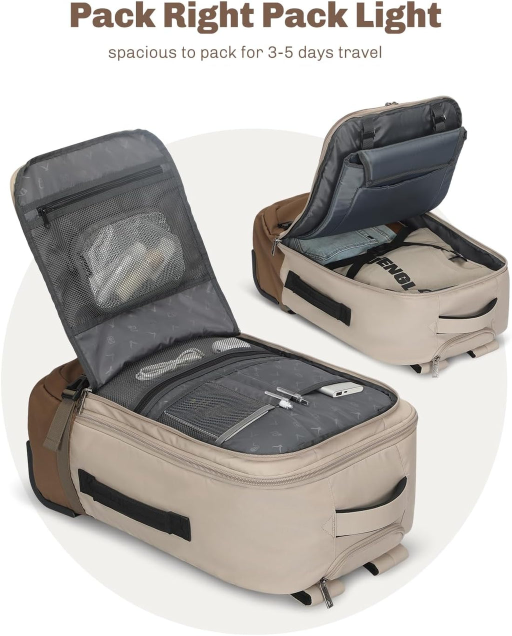 Hynes Eagle Rolling Backpack 42L Backpack with Wheels Airline Approved Carry on Luggage Laptop Travel Suitcase Bag for Women Men Khaki