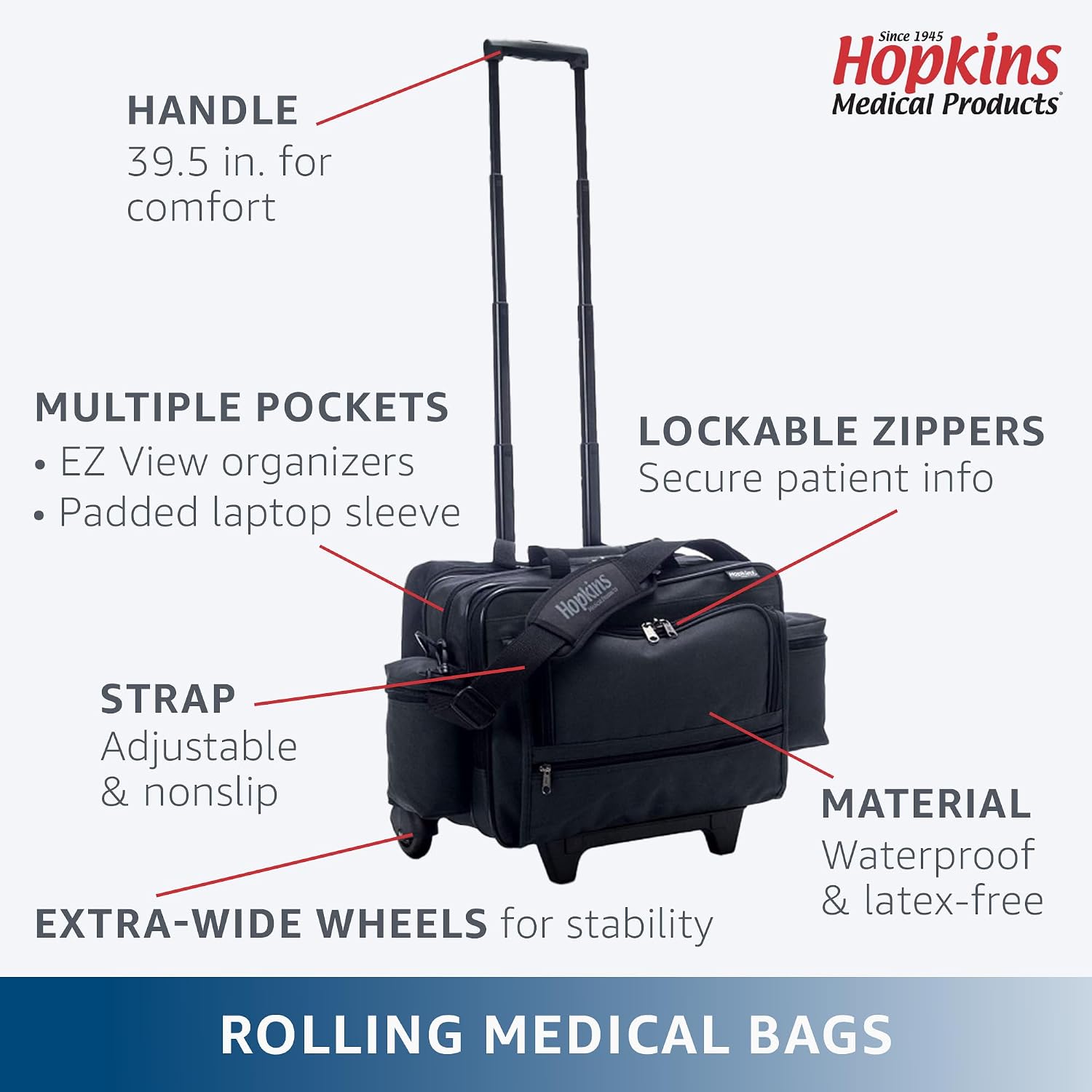 Hopkins Medical Products Antimicrobial Rolling Medical Bag: Waterproof, Lockable File Pocket, Wide Wheel Base - Perfect for Busy Healthcare Pros, 36.5' Handle