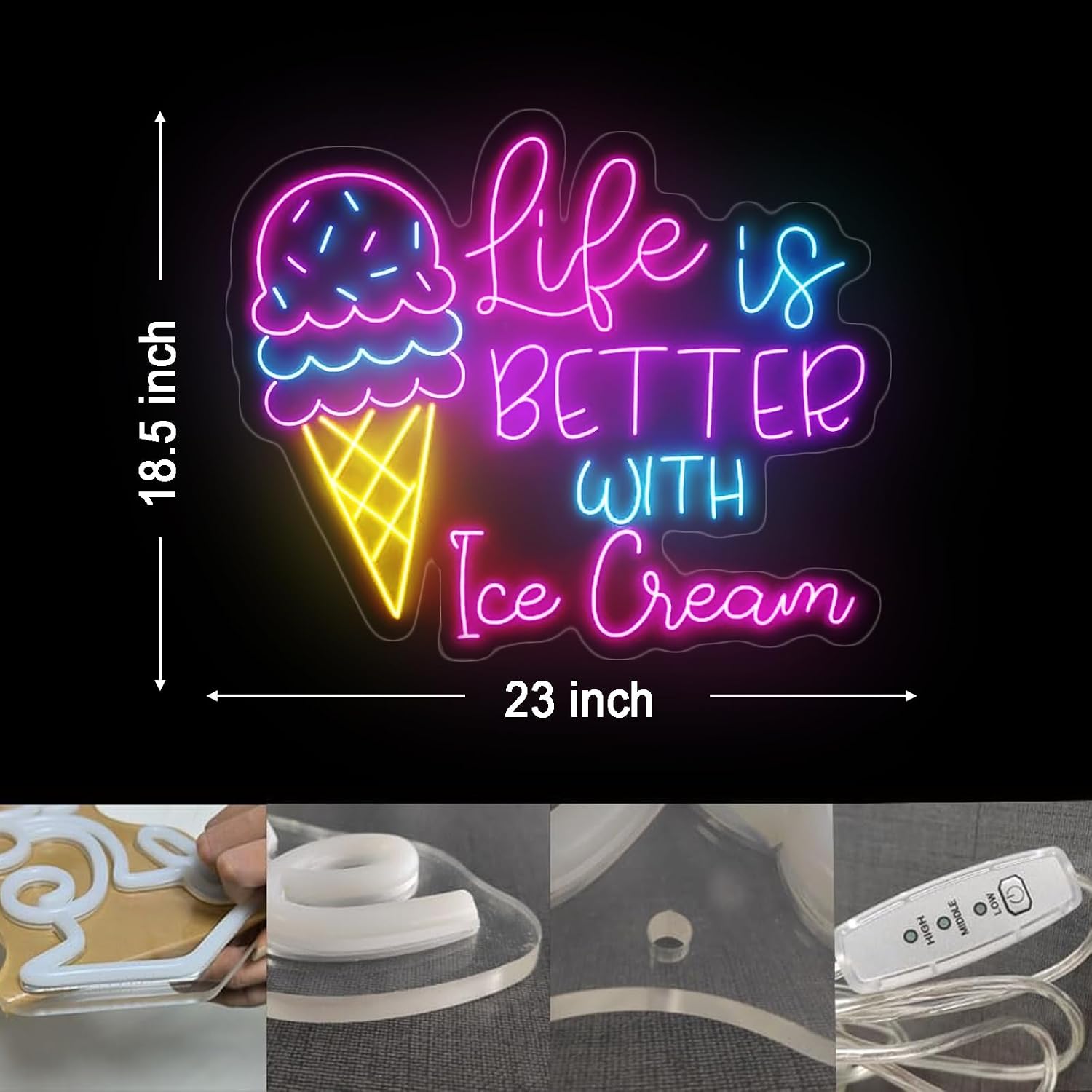 Life Is Better With Ice Cream Neon Sign LED Ice Cream Open Neon Light Signs Wall Decor for Bar Shop, Home, Bedroom,Party Gift Size: 23 inches