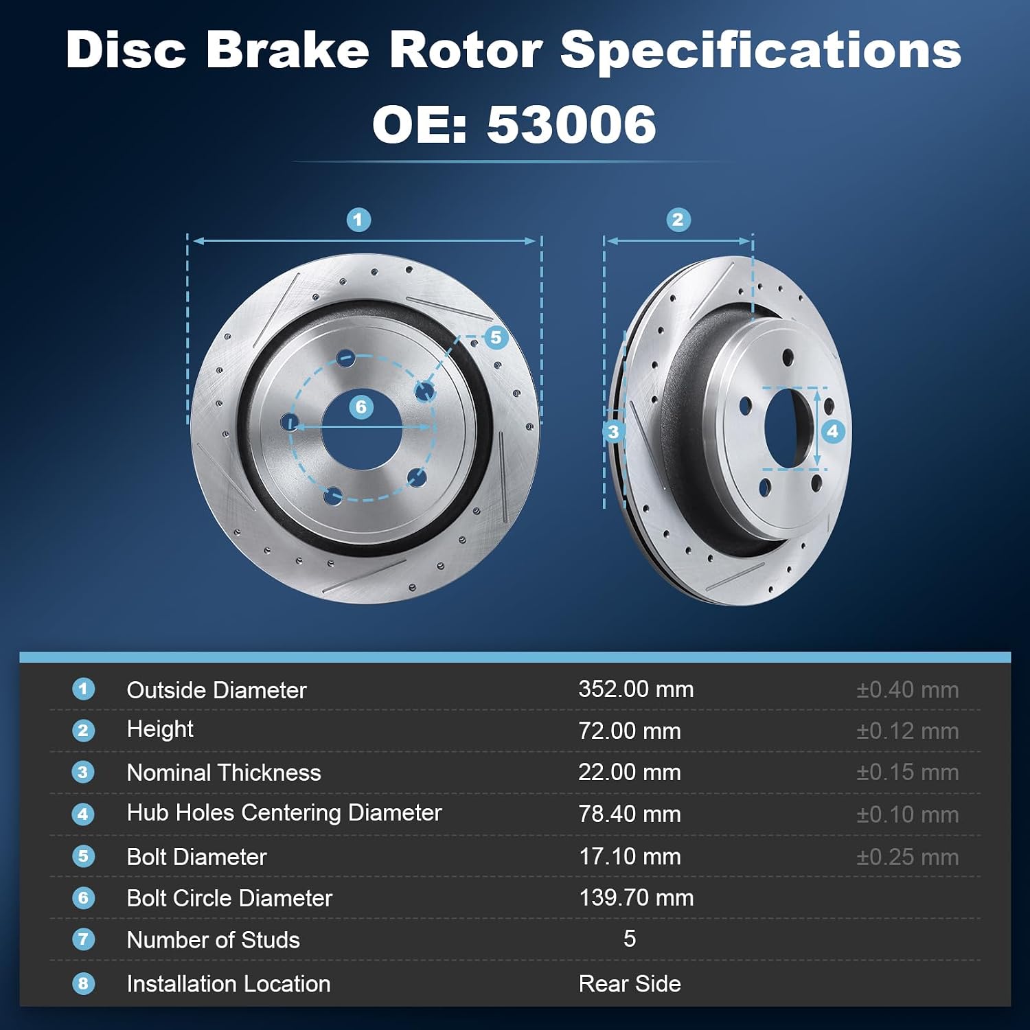 Rear Drilled and Slotted Disc Brake Rotors & Ceramic Brake Pads Kit Fit for Chrysler 2007-2009 Aspen; for Dodge 2004-2009 Durango, 2005-2010 Ram 1500; for Ram 2011-2018 1500#53006 D967