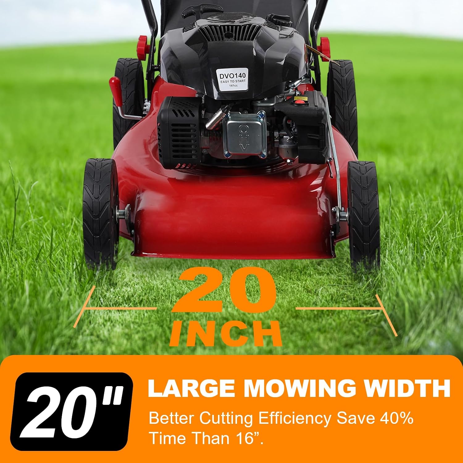 Self Propelled Gas Lawn Mower, 141cc 20 Inches Gas Lawn Mower, 7-Position Single Lever Height Adjustment, Push Lawn Mower Gas Powered with 50L Grass Tank and Big Wheels for Lawn Care Red