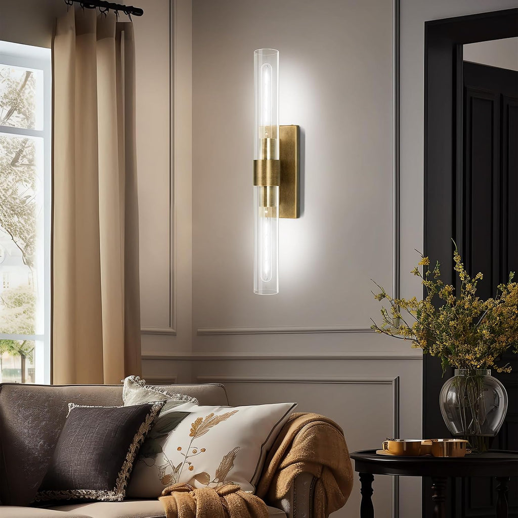 Brass and Glass Wall Sconces, 22.8' Vanity Lights for Bathroom 2 Lights, Horizontal or Vertical Linear Gold Wall Lamp, Indoor Sconces Wall Lighting, Tube Sconce for Living Room, Hallway
