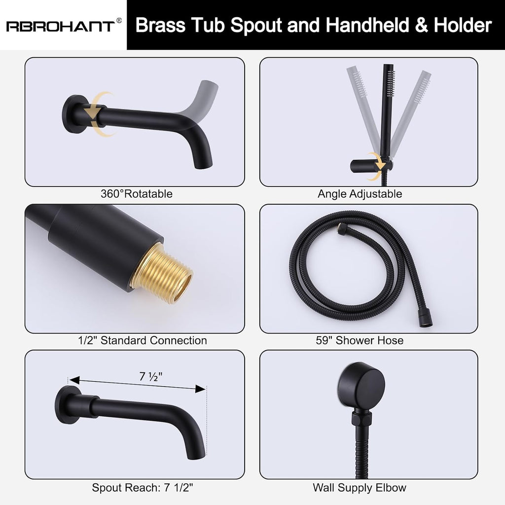 RBROHANT Matte Black Shower System with Tub Spout, Brass Bathtub Shower Faucet Set with 3 Way Rough-in Valve,10 Inch Round Shower Head Set with Tub Spout and Handheld, JK0300