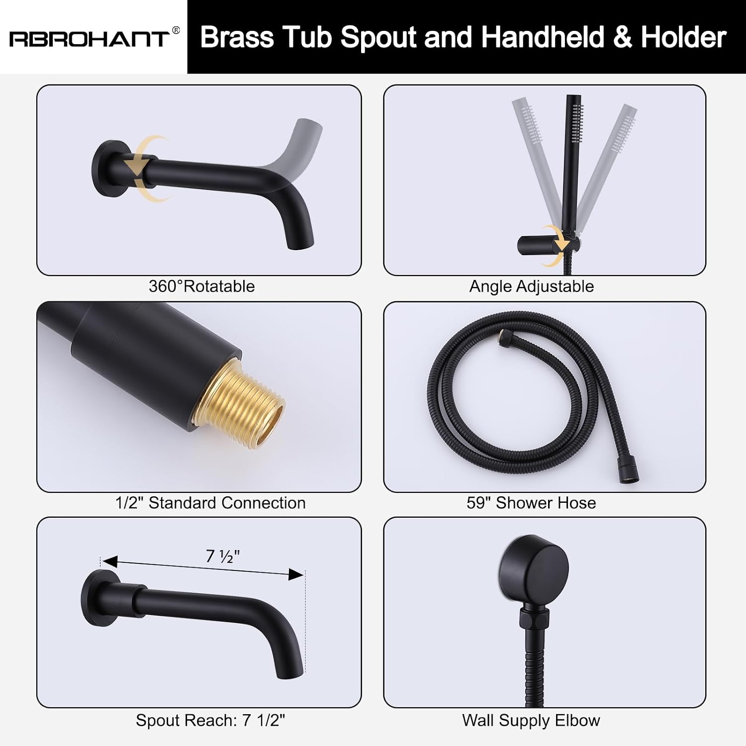 RBROHANT Matte Black Shower System with Tub Spout, Brass Bathtub Shower Faucet Set with 3 Way Rough-in Valve,10 Inch Round Shower Head Set with Tub Spout and Handheld, JK0300