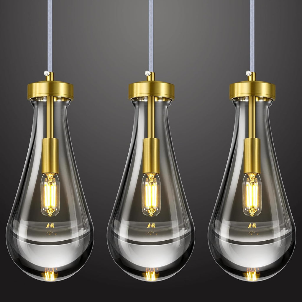 Raindrop Pendant Lights Kitchen Island Set of 3 Teardrop Gold Hanging Light Fixtures Clear Solid Glass Pendant Light Modern Chandeliers for Dining Room Porch Corridor Living Room…