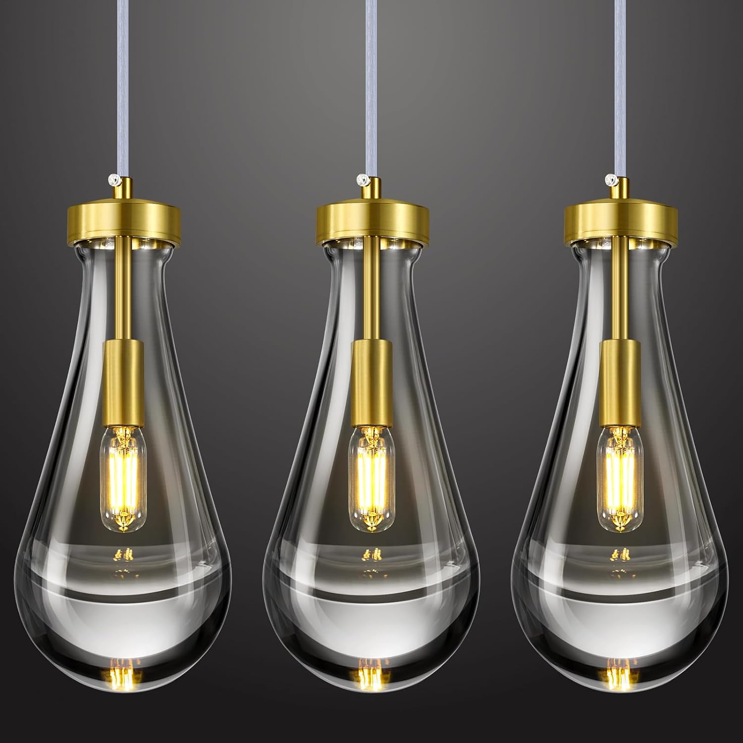 Raindrop Pendant Lights Kitchen Island Set of 3 Teardrop Gold Hanging Light Fixtures Clear Solid Glass Pendant Light Modern Chandeliers for Dining Room Porch Corridor Living Room…