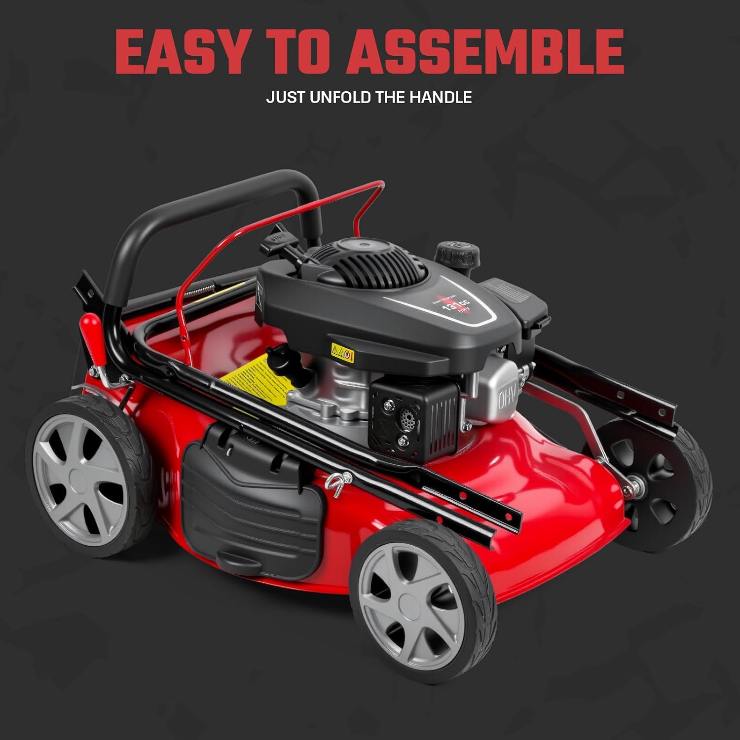 131cc 3-in-1 Self Propelled Gas Lawn Mower, Powerful Push Lawn Mower Gas with 50L Grass Bag & Big Wheels, Gas Powered Walk Behind Lawn Mowers for Large Yards, Mulching/Side Discharge/Rear Bag (Red)