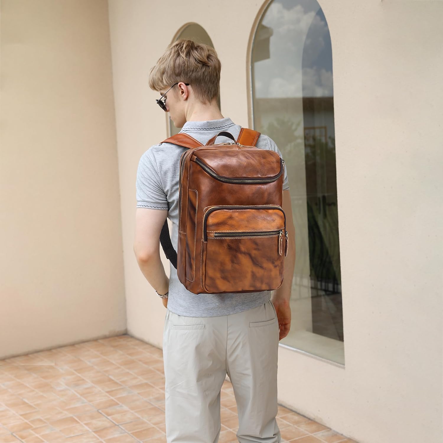 LANNSYNE Vegetable Tanned Leather Backpack For Men, 15.6' Leather Laptop Backpack Hiking Travel Bag Camping Rucksack