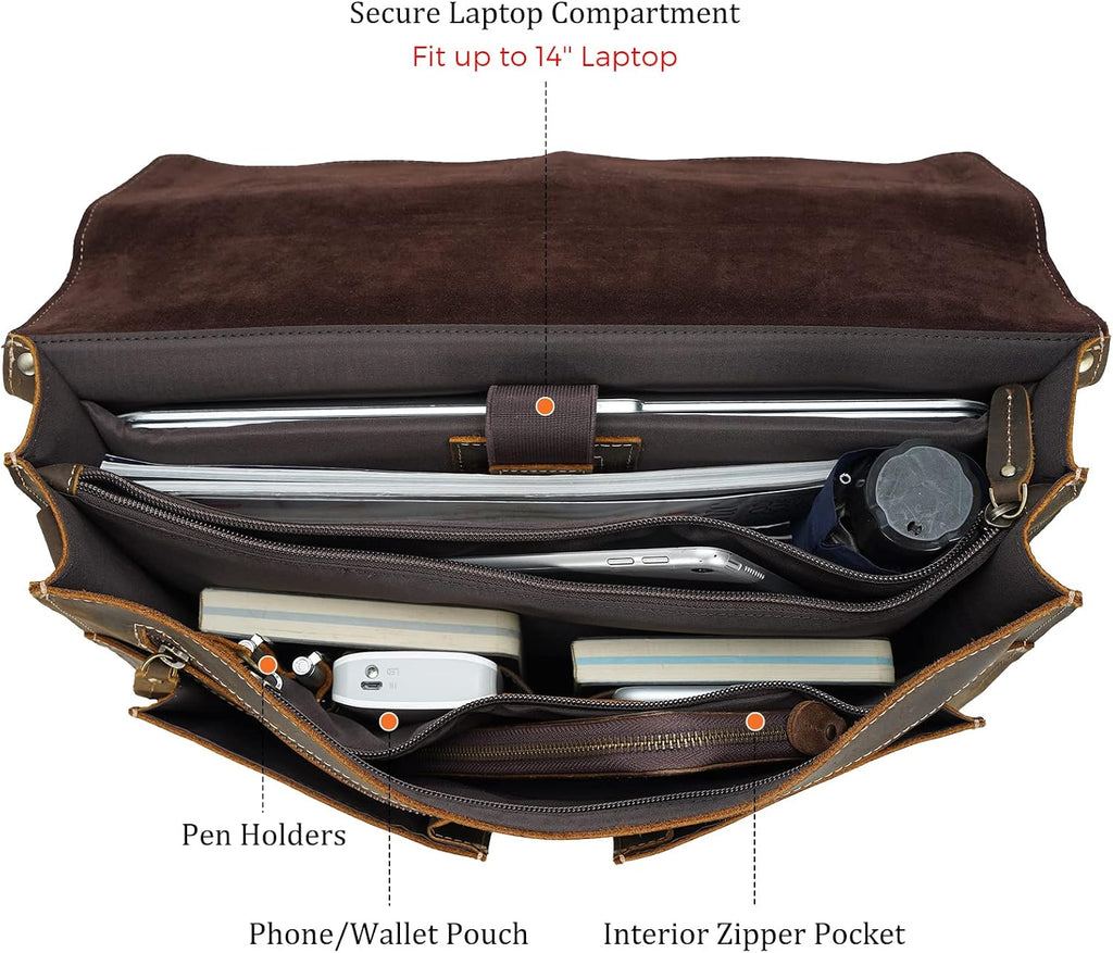 Polare 16' Full Grain Leather Messenger Bag Laptop Briefcase Bag Professional Work Bag For Men with YKK Zippers