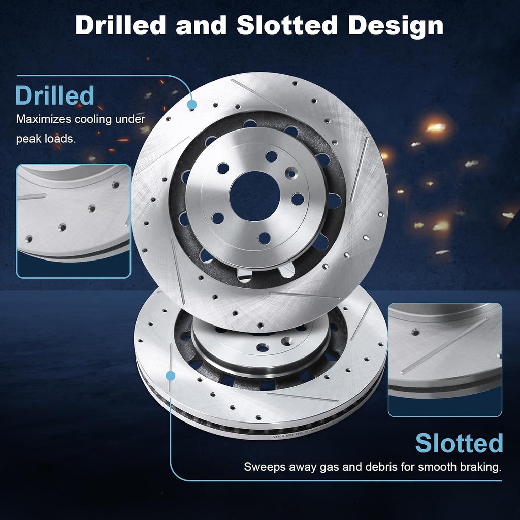 Front Drilled and Slotted Disc Brake Rotors Fit for Ford 13-19 Explorer/Flex/Police Interceptor Sedan/Taurus SHO, 14-18 Special Service Police Sedan; for Lincoln 13-16 MKS, 13-19 MKT
