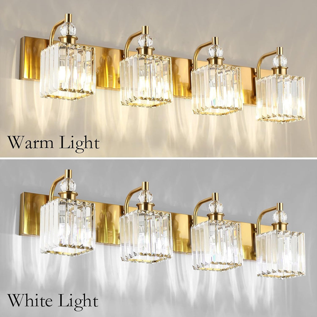 Ralbay Crystal Vanity Lights 4-Lights 31.5''Gold Bathroom Lighting Fixtures Over Mirror Modern Crystal Gold Bathroom Vanity Lights