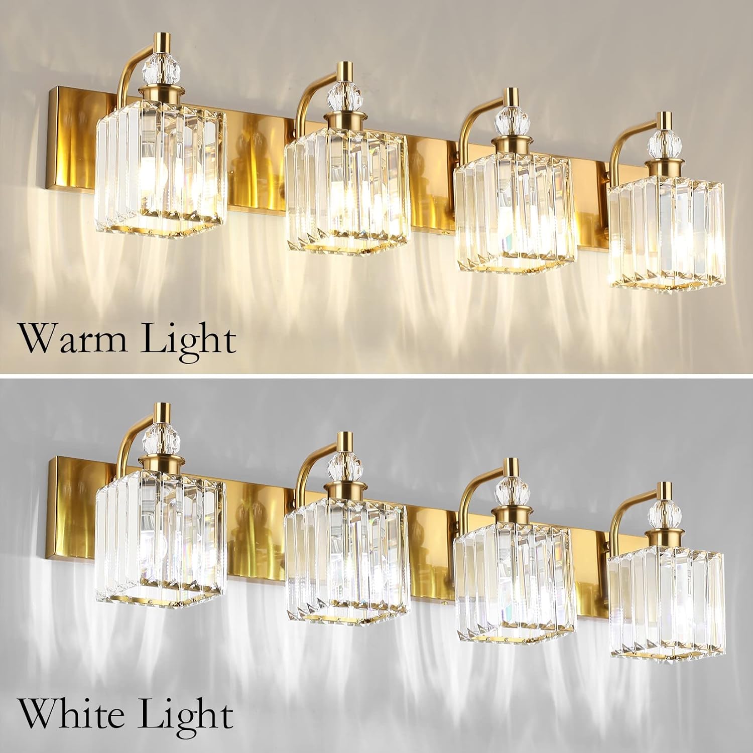 Ralbay Crystal Vanity Lights 4-Lights 31.5''Gold Bathroom Lighting Fixtures Over Mirror Modern Crystal Gold Bathroom Vanity Lights