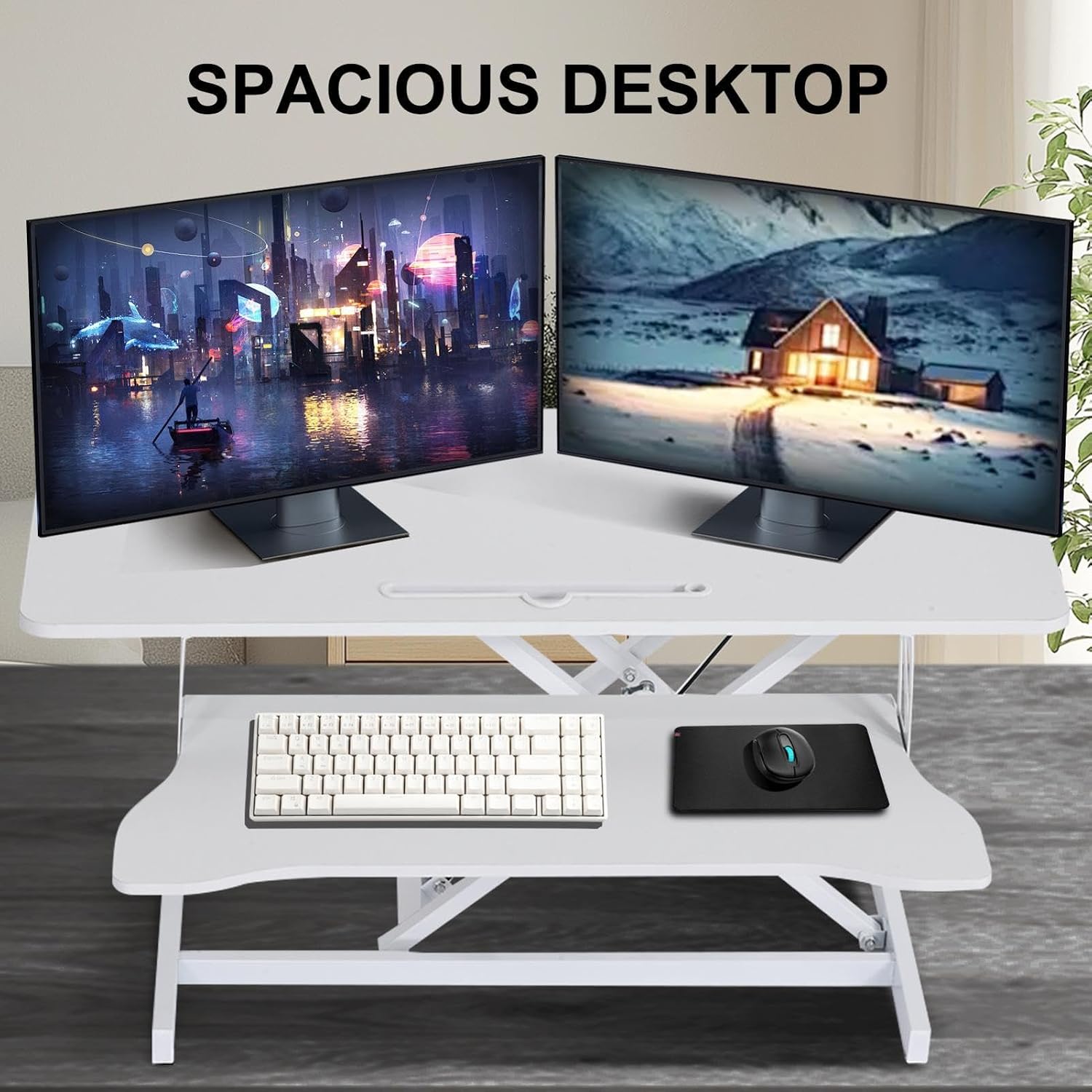 38-inch Standing Desk Converter Height Adjustable Sit to Stand Up Workstation, Duals Monitor and Laptop Riser with Wide Keyboard Tray, for Home, School, Company, White