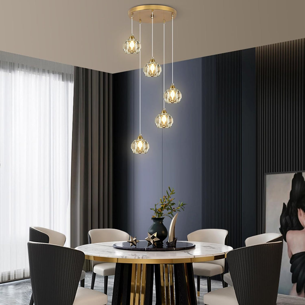 Weesalife Crystal Chandeliers for Dining Room Lights Fixture Over Table, 5-Light Gold Modern Pendant Light Fixture，Crystal Chandeliers for Living Room Kitchen Island Staircases Foyer Hallway Bar