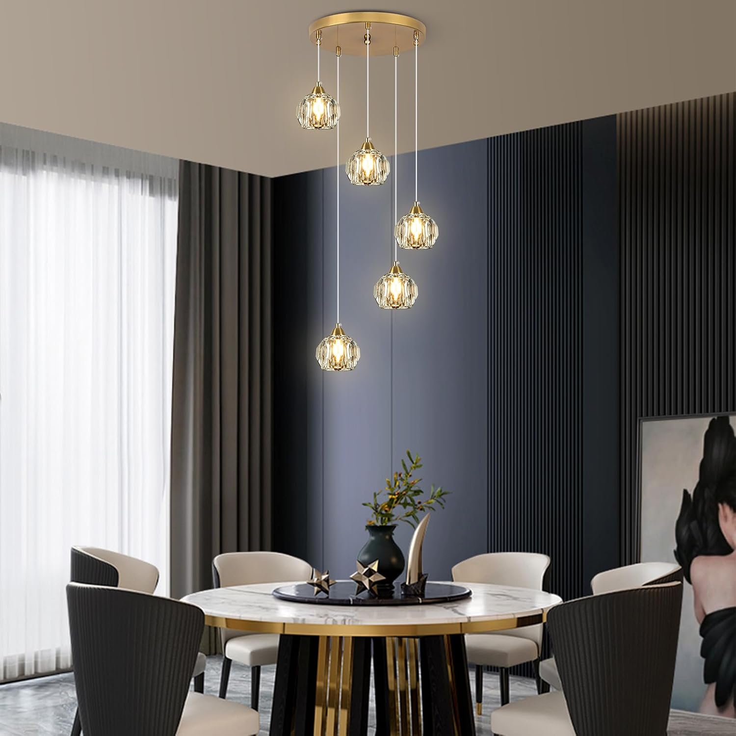 Weesalife Crystal Chandeliers for Dining Room Lights Fixture Over Table, 5-Light Gold Modern Pendant Light Fixture，Crystal Chandeliers for Living Room Kitchen Island Staircases Foyer Hallway Bar