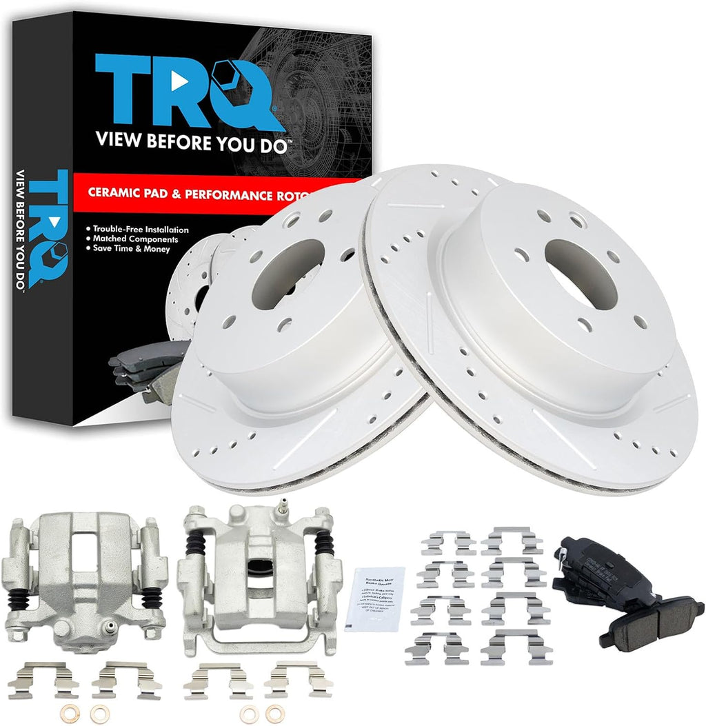 TRQ Performance Rear Brake Pad and Rotor Set Ceramic Drilled Slotted Coated Rotors Calipers Compatible with 2005-2007 Infiniti G35 2006-2009 M35 M45 Nissan 350Z