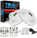 TRQ Performance Rear Brake Pad and Rotor Set Ceramic Drilled Slotted Coated Rotors Calipers Compatible with 2005-2007 Infiniti G35 2006-2009 M35 M45 Nissan 350Z