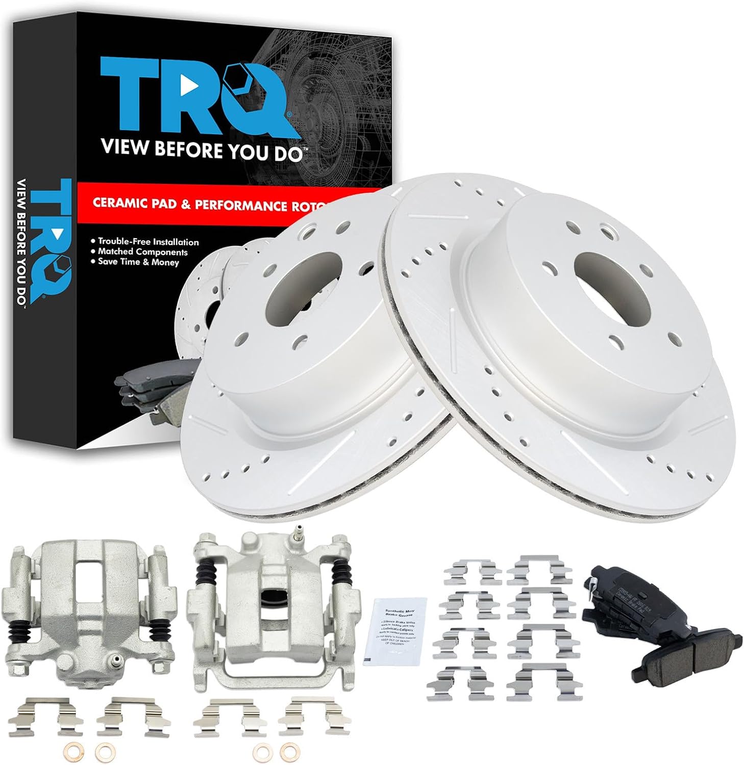 TRQ Performance Rear Brake Pad and Rotor Set Ceramic Drilled Slotted Coated Rotors Calipers Compatible with 2005-2007 Infiniti G35 2006-2009 M35 M45 Nissan 350Z