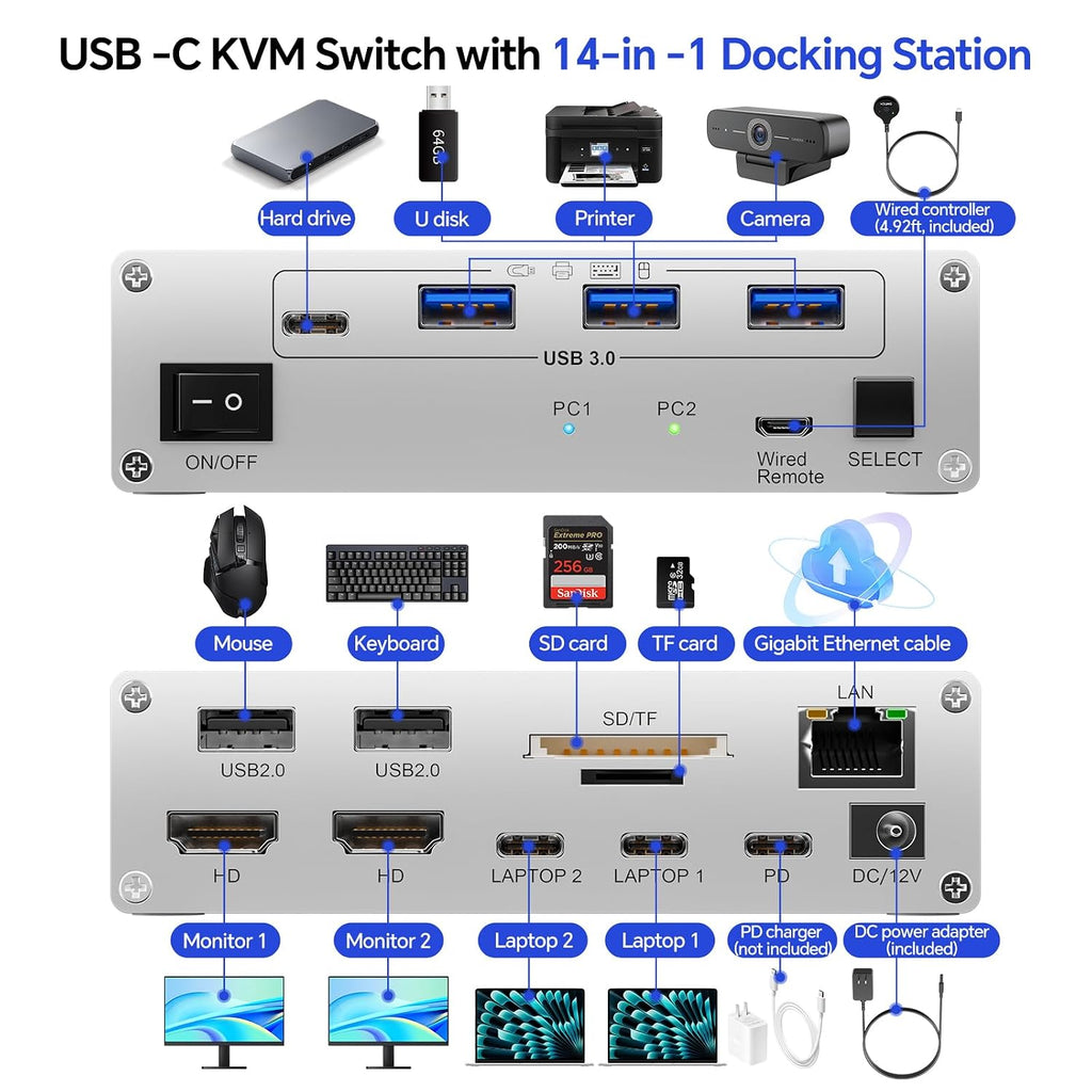 USB C KVM Switch 2 Monitors 2 Laptops,4K @60Hz MST Dual Monitor KVM Switch for 2 Computer, 100W PD and 1G Ethernet,Wired Remote Control and USB C Cables,Silver 11 cm