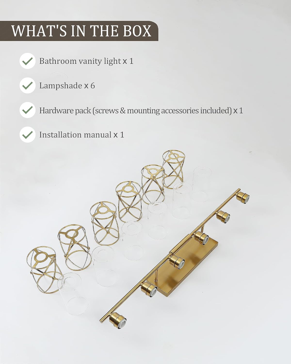 6-Light Brushed Gold Bathroom Light Fixtures Over Mirror, 42' UL-Listed Modern Wall Sconce Lights with Clear Glass and Metal Cage for Bath, Hardwire E26, CH9176BG-6W