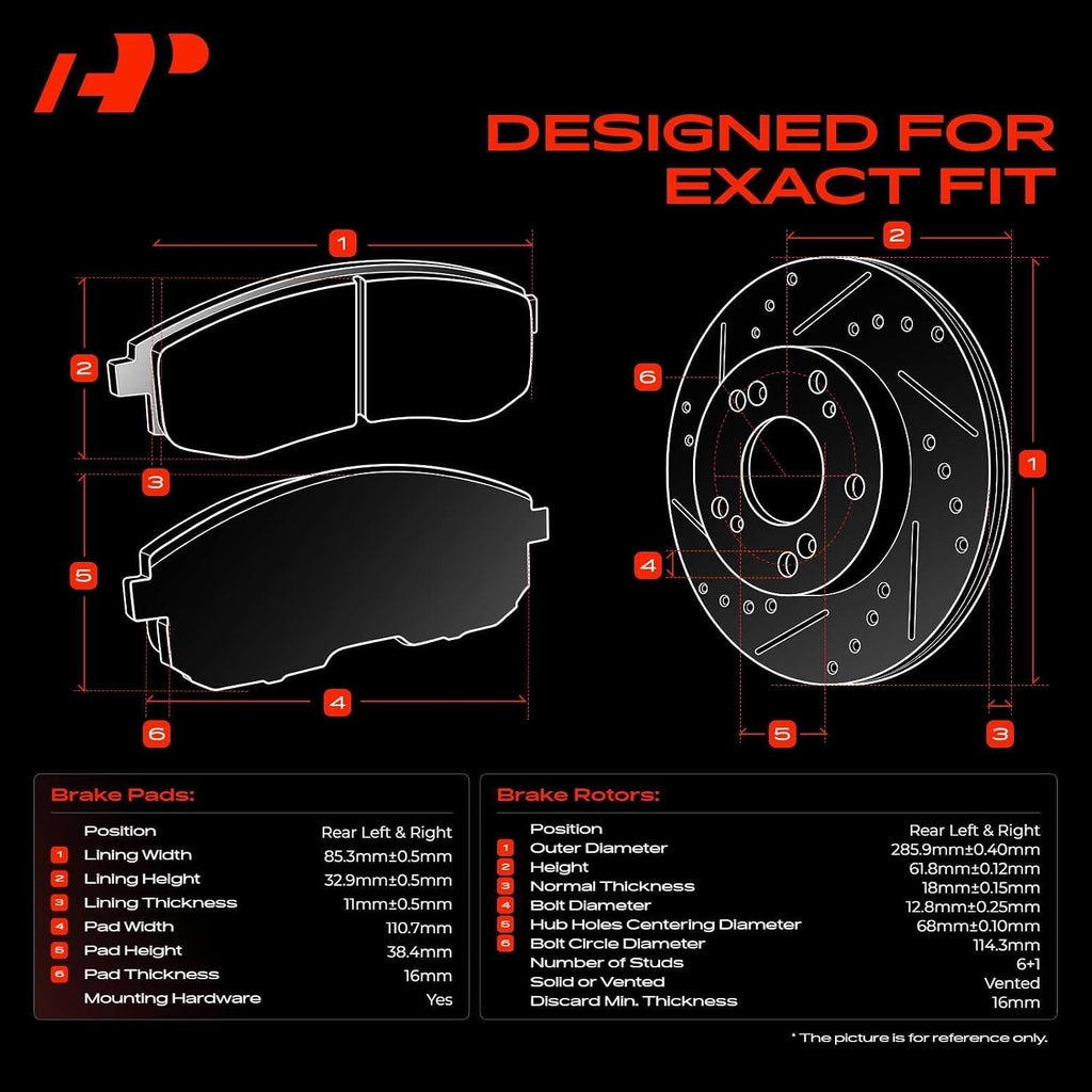 A-Premium 11.24 inch (285.5mm) Rear Drilled and Slotted Disc Brake Rotors + Ceramic Pads Kit Compatible with Select Nissan and Suzuki Models - Frontier 2005-2019, Xterra 2005-2015, Equator 2009-2012
