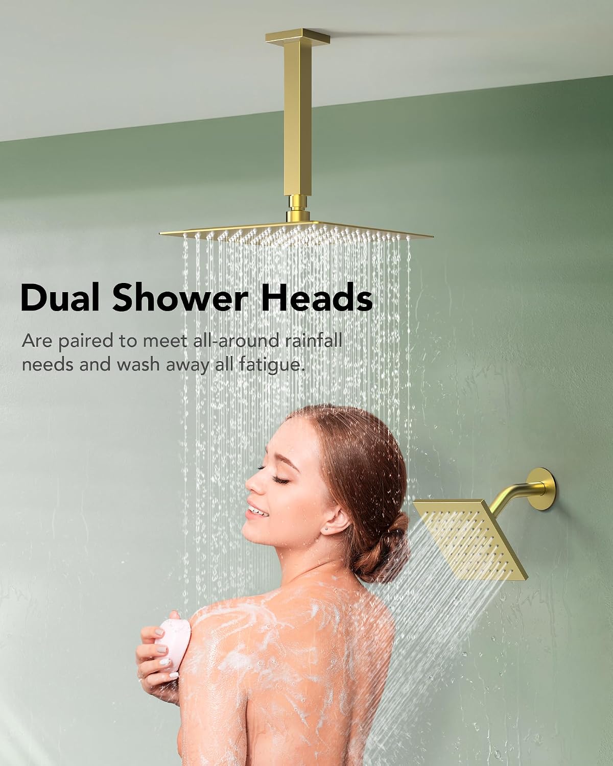 Dual Shower Heads Shower System: Aposhion Thermostatic Shower System - 16' & 6' Rainfall Shower Heads with Handheld Sprayer & 6 Body Massage Jets, Bathroom Shower Faucet Set with Valve, Brushed Gold