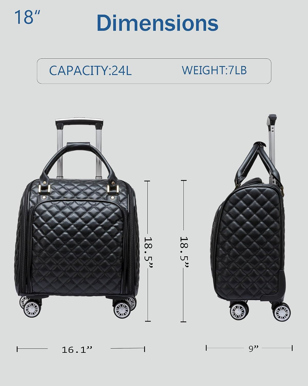 VH&GRED Luxury Carry on Luggage with Wheels Leather Suitcase 16-Inch Lightweight Travel Small Suitcase Diamond Stitching