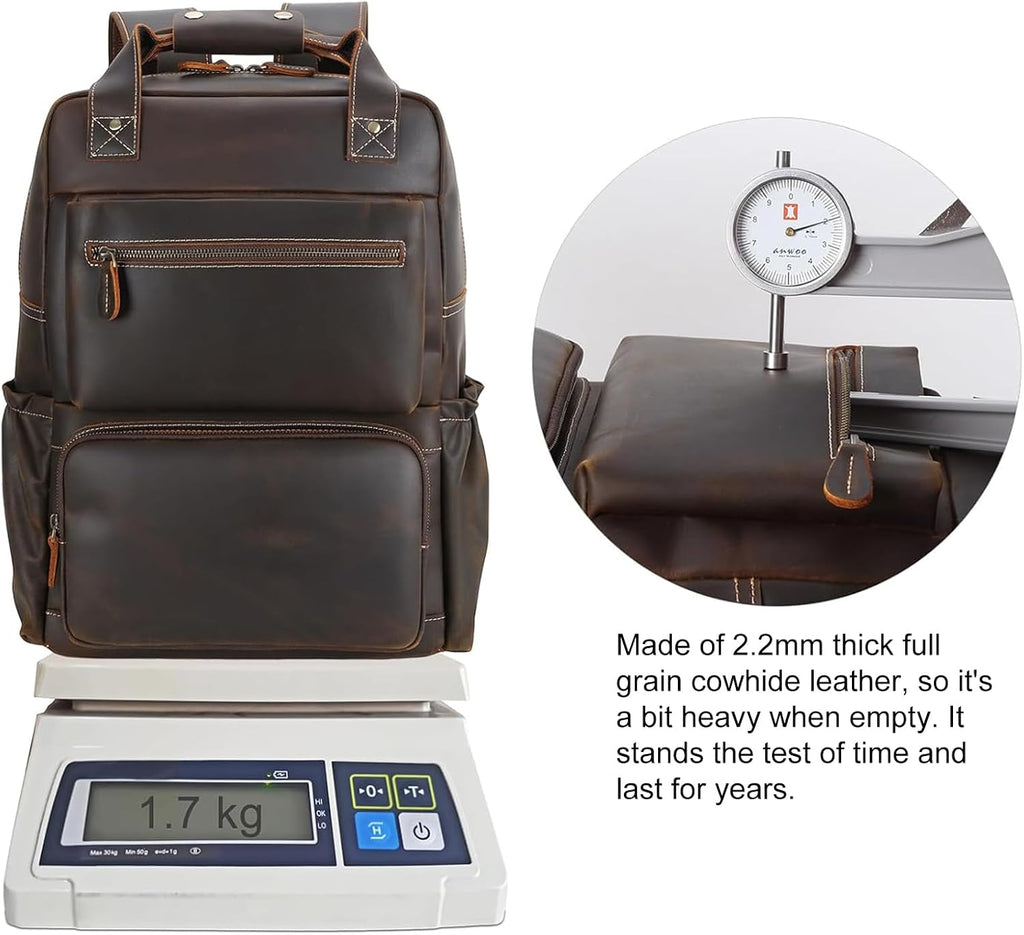 TIDING Vintage Full Grain Leather 17 Inch Laptop Backpack for Men Large Business Travel Daypack Computer Rucksack, Brown