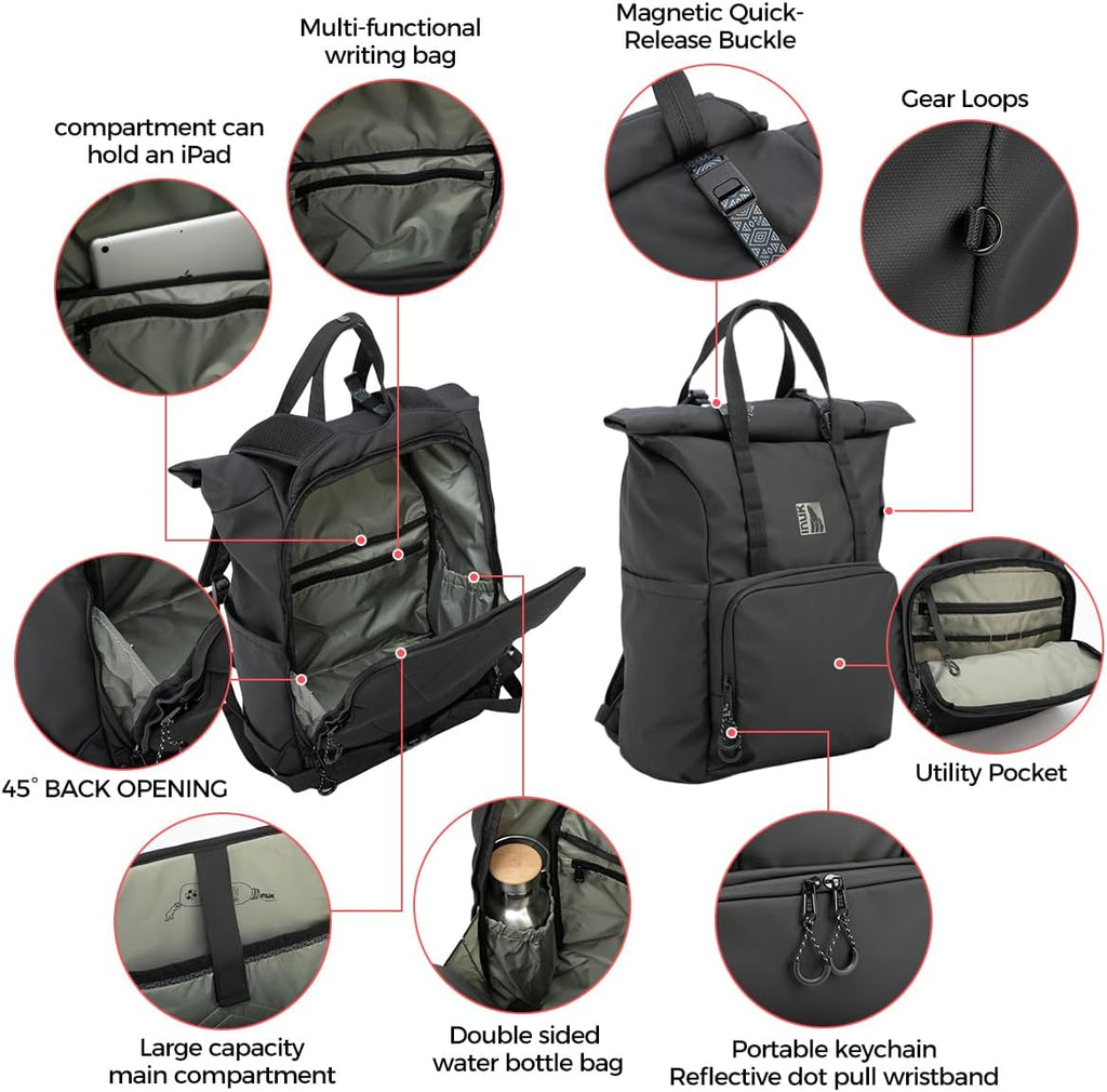 INUK 38L Travel Backpack for Men & Women, Water Resistant Laptop Backpack Hiking Daypack, Eco Friendly Made from 32 Recycled Plastic Bottles with Safety Whistle & Fidlock Magnetic Buckle, Black